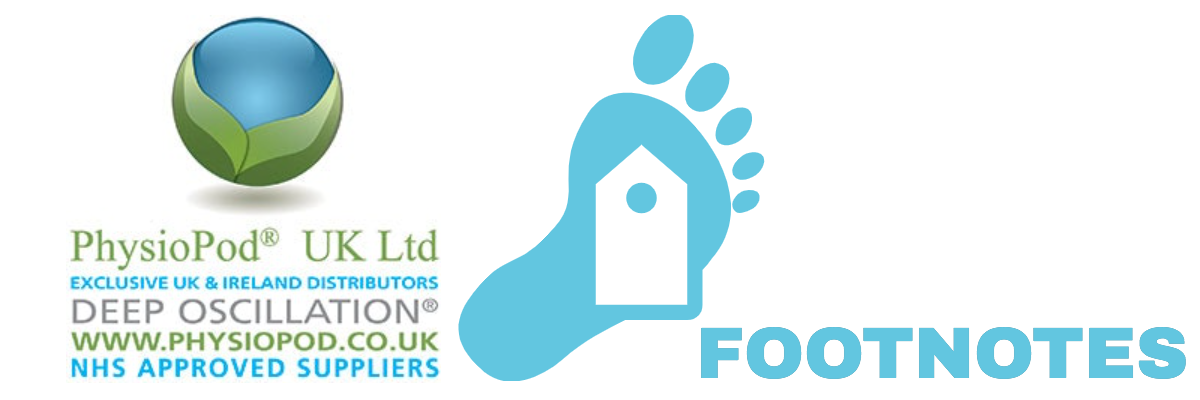 Physiopod logo, a blue foot with a note hanging off and wording footnotes